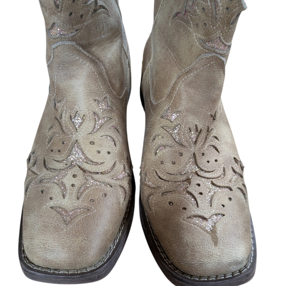 Roper Kennedy Western Cowboy Boots Tan Glitter Tooled Inlay Square Toe Size 9.5 - Picture 3 of 11